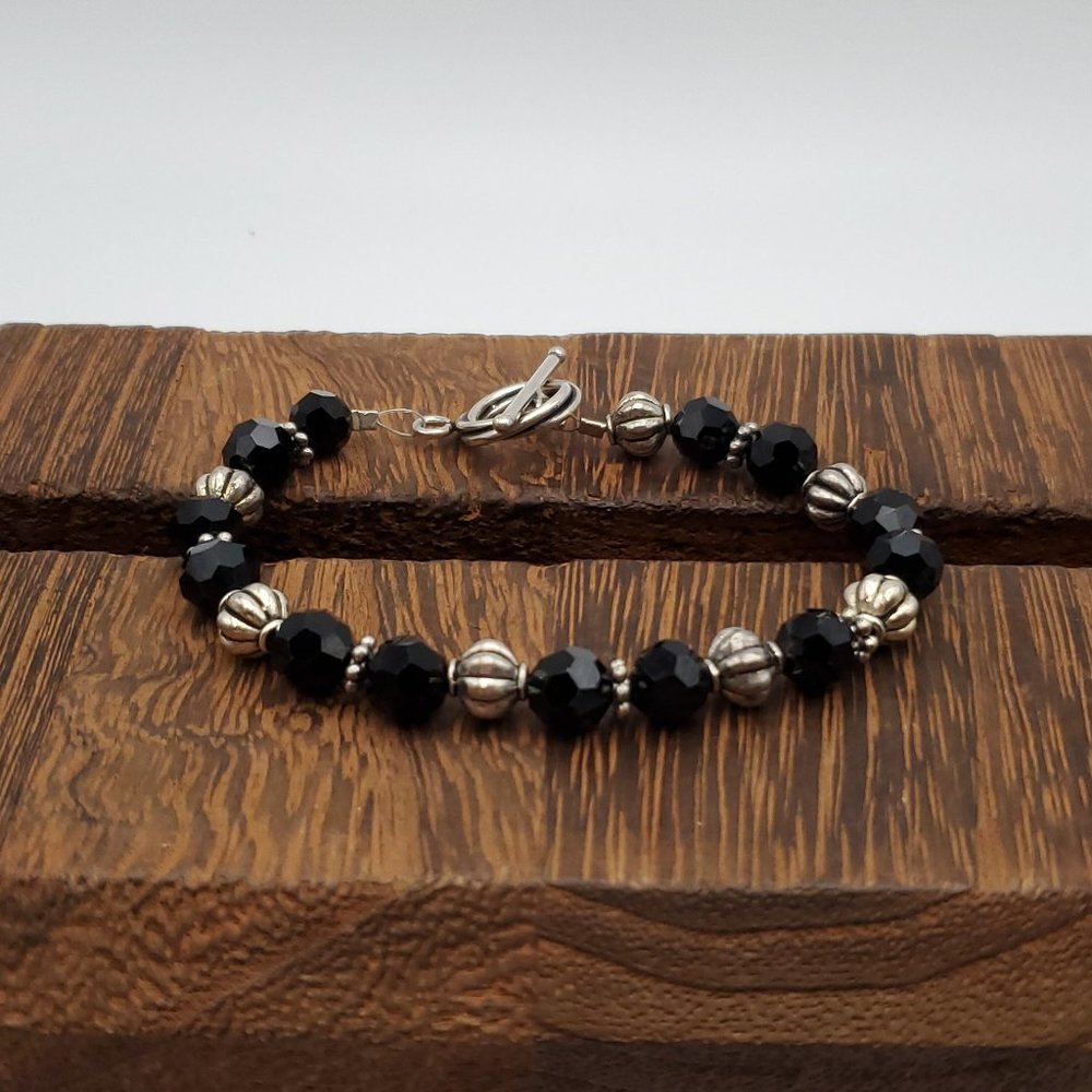 8 Inch 925 Sterling Silver Black Faceted Black Crystals Rustic Bracelet